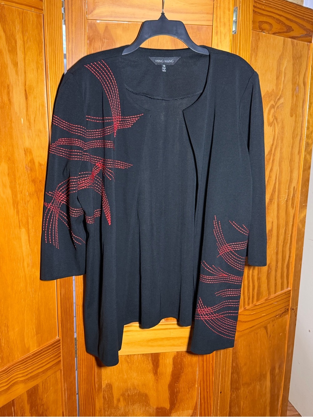 Ming Wang Black Open-Front Cardigan with Red Stitch Wave Accents | Sz 1X